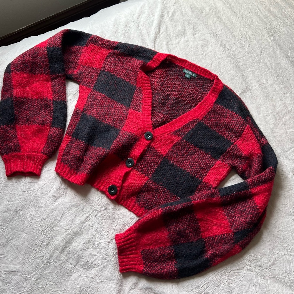 Cropped Sweater Balloon Sleeves Red Check Print
